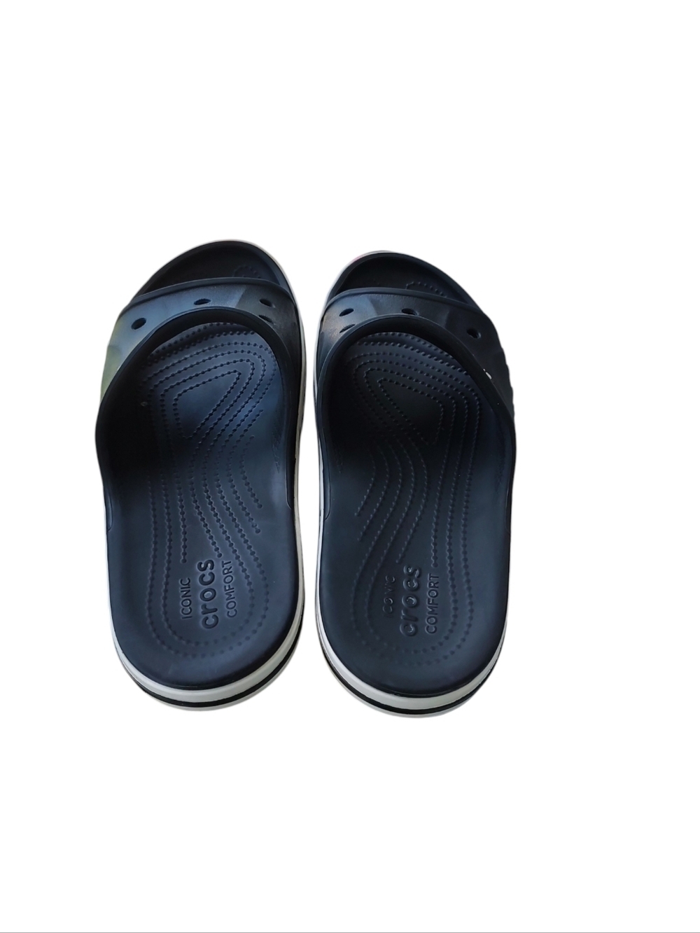 CROCS Black Slide Sandals with White Trim - Picture 2 of 5